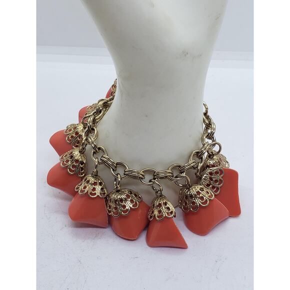 Vintage Lucite Charm Bracelet Gold tone Filigree & Coral Orange Dangle 1950s - Picture 1 of 7
